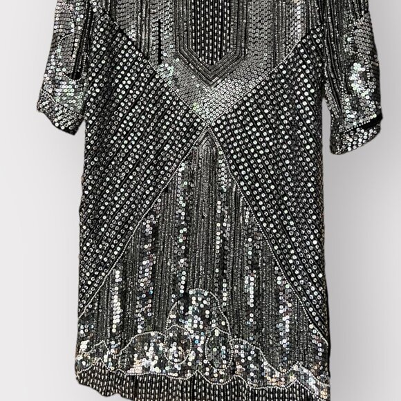 Vintage Sho Max Size S Silver Sequin Beaded Silk Long Sleeve Midi Disco Dress - Picture 4 of 12